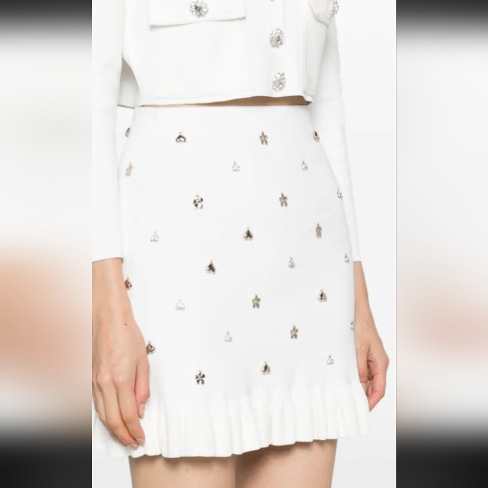 White Embellished Knit Mini Skirt